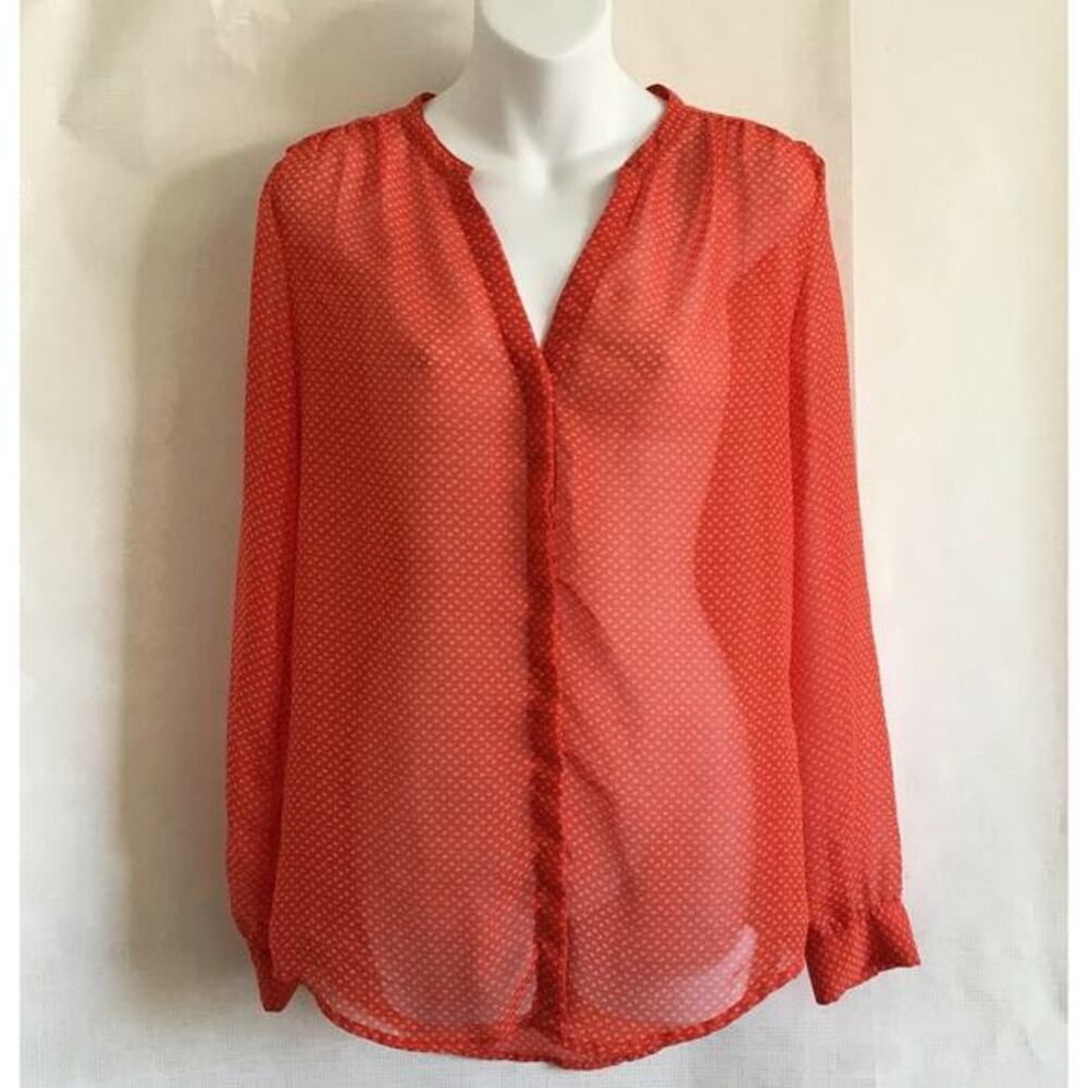 Old Navy Women's Size Sp Red/Beige Sheer Floral Geo. Hi-Lo Long Sleeved Blouse - Picture 1 of 10